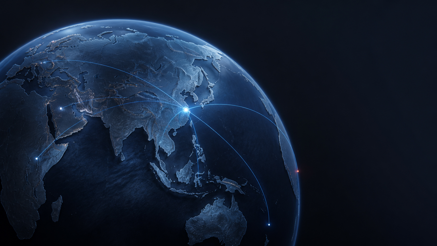 Dark blue three-dimensional globe with restrained partnership routes extending from East Asia